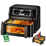 Heißluftfritteuse 2 Kammern | 12L Airfryer Doppelkammer Einkammer Verstellbar, 2600W 8 in 1 Heissluftfritteuse Doppelkammer Temperatur Separat Regeln Touchscreen, Doppel Air Fryer XXL Mit Sichtfenster