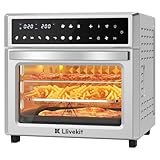 LLIVEKIT 26L Heißluftfritteuse XXL, Heißluftbackofen mit LED-Touchscreen, 12 in 1 Edelstahl Minibackofen mit Umluft, 7 Anhänge, 1700W Airfryer Oven XXL ohne Öl mit Drehfunktion, Silber