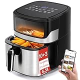 Aigostar Air Fryer - Heißluftfritteuse mit sichtbarem Fenster, 6,5L XXL, 1600W, 10 voreingestellte Menüs, intelligentes Vorheizen, Auftauen, DIY, unabhängige Lichtsteuerung, Balloon.